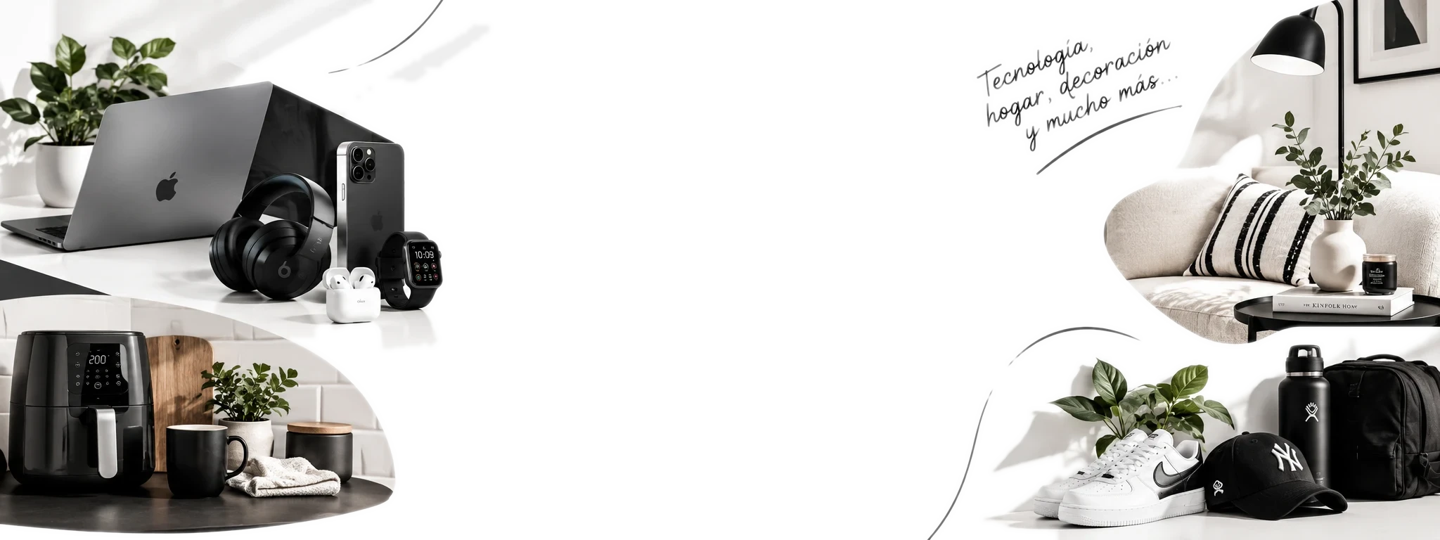 Tecnología, hogar y estilo de vida, en blanco y negro.